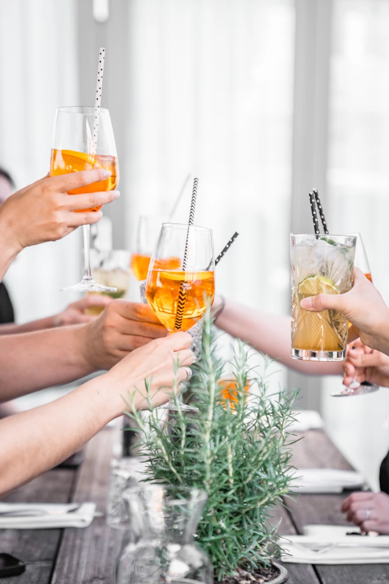 Drei H&auml;nde sto&szlig;en mit orangefarbenen Cocktails an, dekoriert mit Eisw&uuml;rfeln und Cocktailst&auml;bchen. Im Vordergrund steht eine Pflanze mit gr&uuml;nen Zweigen, und die Szenerie wirkt entspannt und gesellig.
