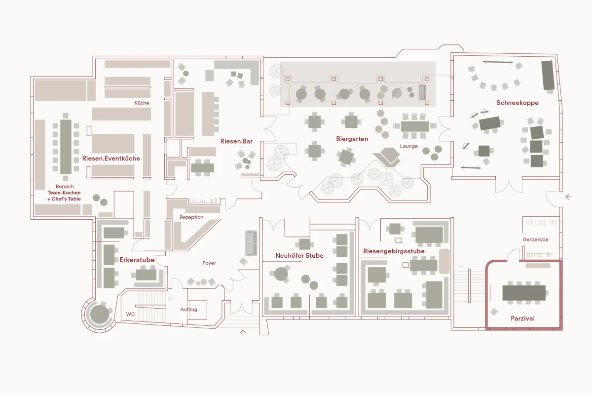 Grundrissplan eines Hotels mit verschiedenen Bereichen wie Rezeption, Bar, Restaurant, Biergarten und Hotelzimmern, &uuml;bersichtlich und detailliert gezeichnet in einem minimalistischen Grafikstil.